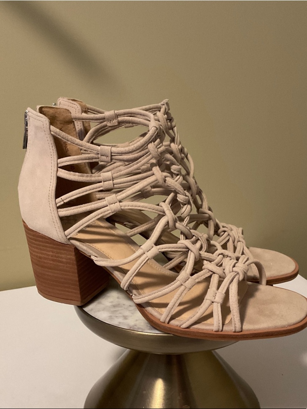 Vince Camuto Beige Knotted Lace-Up Gladiator Heels